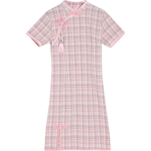 2021 New Summer Women Short Sleeve Sheath Mini Dress Vintage Chinese Style Plaid Print Sexy Split Hem Improved Cheongsam Dress