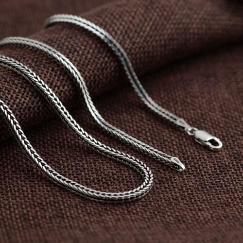 100%S925 silver necklace clavicle chain bold foxtail chain vintage style Thai silver necklace