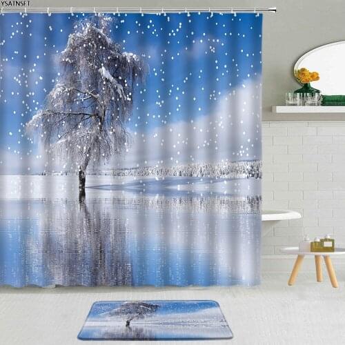 2Pcs Winter Snowflake Pine Tree Shower Curtain Ice Lake Forest Snow Scenery Bathroom Curtains Non-Slip Bath Mat Set Decoration