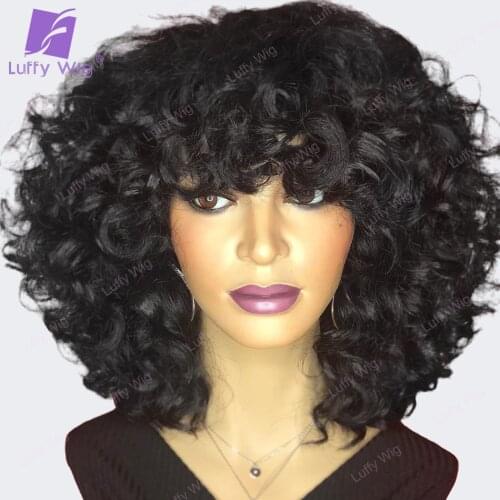 200 Density Short Curly Human Hair Wigs With Bangs Brazilian Remy Hair Machine Made Scalp Top Wig Glueless For Black Women LUFFY