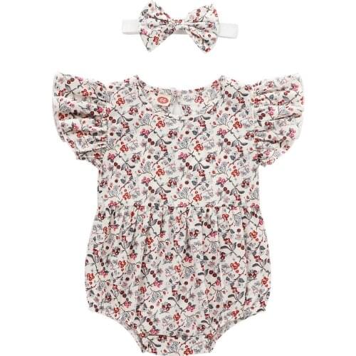 2021 Summer New Baby Girls Floral Print Ruffled Sleeves Bodysuit Romper Headband 2Pcs Set Outfits Clothes Set for Baby Girls D30