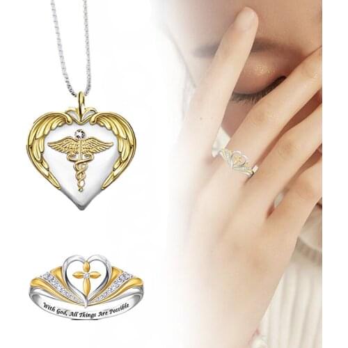 Heart Shape 5 Sizes Gift Women Ring of The Cross Serpentine Sign Set Ring Necklace