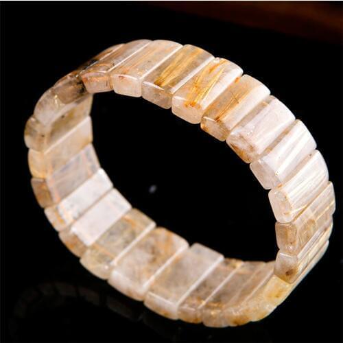 Genuine Natural Gold Needle Rutilated Quartz Crystal Bracelets For Women Rectangle Beads Stretch Men Bracelet
