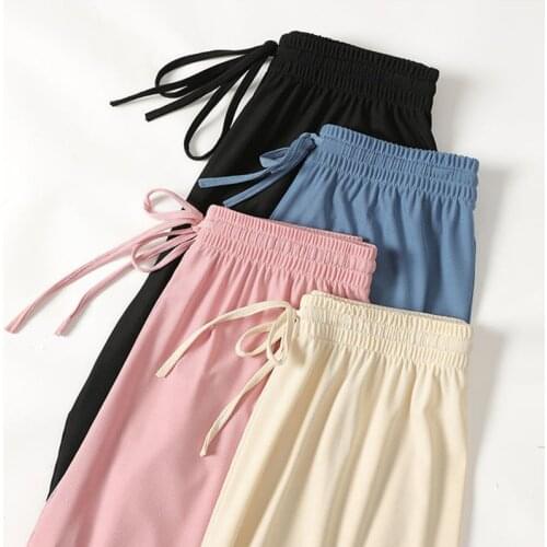 Slacks Womens Clothing Loose Summer Pants Soft Ice Silk Ankle-Length Black Blue Leg Pants Female High Waisted Trousers Everyday