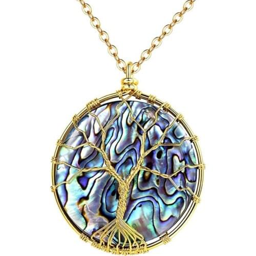 FYJS Unique Light Yellow Gold Color Wire Wrap Abalone Shell Pendant Necklace Tree of Life Jewelry