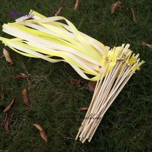 Hot 50pcs/lot yellow and white stain ribbon wedding wands With big gold Bells for wedding