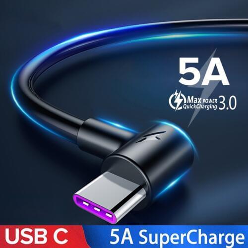 90 Degree 5A Usb Type-c Cable Fast Charging for Samsung S20 Plus S20+ Xiaomi Redmi Note 9 8 Pro Cabo Usb Tipo C 2m 2 Meter Wires