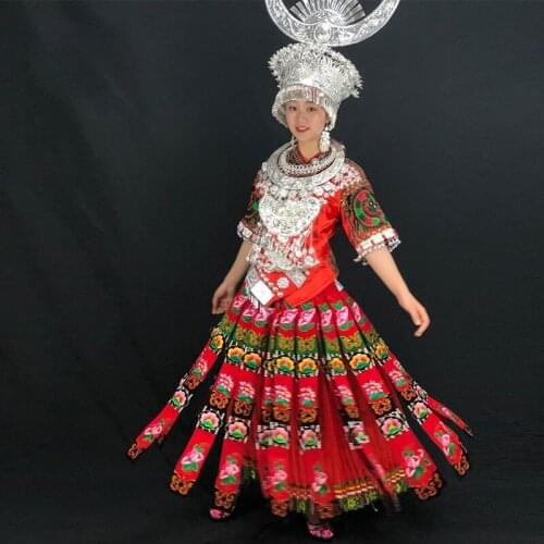 Chinese Minority Group Ethnic Fashion Miao Wedding Clothes Festival Embroidery Costumes Stage Performance with Full Hair Set