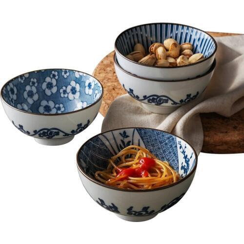 Japanese style creative kitchen cutlery blue and white pattern 4.5 inch ceramic rice bowl gravy bowl