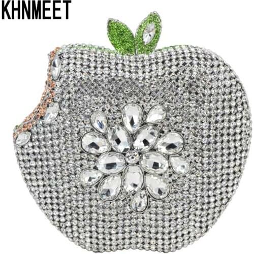 LaSC silver green apple shape clutch bags Luxury crystal clutch evening bags women prom bags party purse ladies clutches SC146