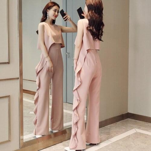 New Summer Sleeveless Jumpsuits Female Work High Waist Chiffon Solid OL Rompers Womens Party Wide Leg Pants Jumpsuit Women Black