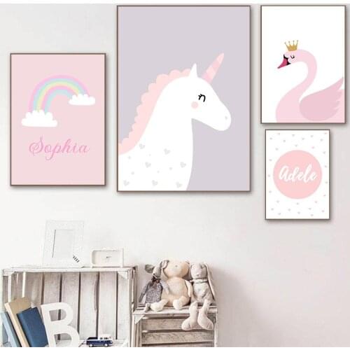 Custom Personalized Name Wall Poster Baby Rainbow Unicorn Swan Princess Art Print Quotes Canvas Painting Nordic Kids Room Decor