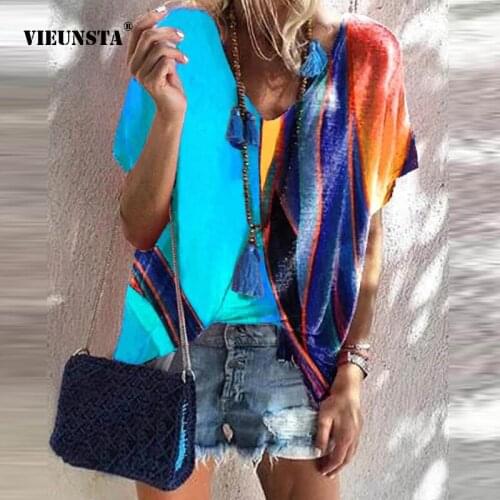 VIEUNSTA Fashion Casual Pullover Tops Women Loose O-neck Short-sleeve T-shirt Top Spring 2021 New Contrast Stitching Printed Top