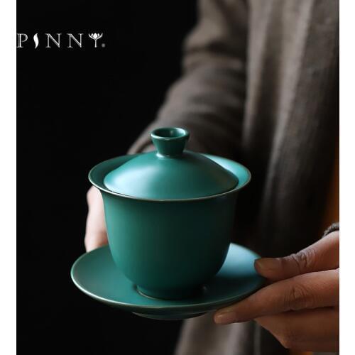 PINNY 160ML Japanese Style Retro Coarse Pottery Gaiwan Ceramic Kung Fu Tea Tureen Heat Resistant Tea Bowl
