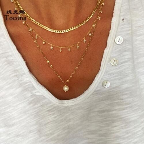 Tocona Charming Pearl Stone Pendant Necklace for Women 2020 Luxury Trendy Chain Choker Tassel Gold Color Jewelry Gift 15206