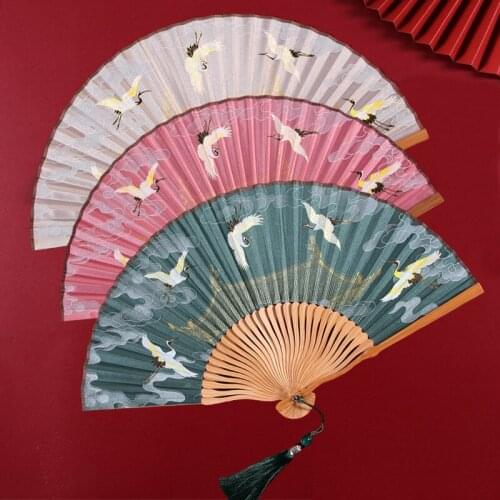 Red-Crowned Crane Pattern Folding Fan Japanese Hand Fans for Wedding Party Dance Performance Home Decoration Ornaments