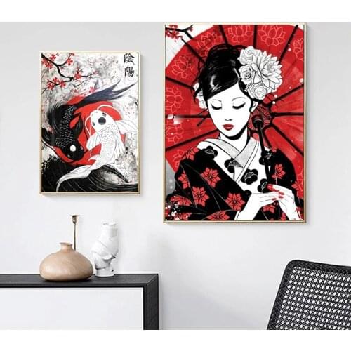 Japanese Geisha and Yin-Yang Fish Canvas Painting Poster and Prints Wall Art Samurai Picture for Living Room Home Decor Cuadros