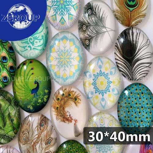 ZEROUP 30*40mm oval glass cabochon new peacock feathers mixed pattern fit cameo base setting for jewelry flatback 10pcs/lot