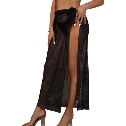 Women Perspective Bikini Cover Ups, Solid Color Side Split High Waist Drawstring/Tie-up Skirt