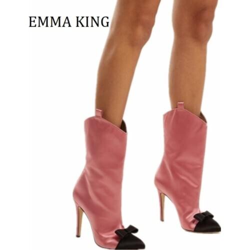 2021 Spring Women Mid Calf Boots Pink Satin Black Bow Stiletto Heel Booties Pointy Toe High Heels Slip-On Women Chelsea Boots