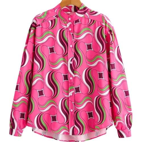 Aonibeier Geometric Print Summer Autumn Drop Shoulder Sleeves Casual Women Loose Shirts Curved Hem Button Front Female Blouses