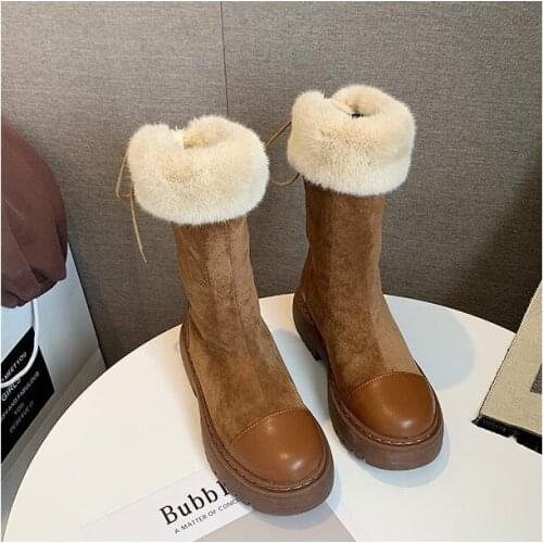 Mid-Calf Snow Boots Women Back Lace-Up Winter Boots Round Toe Leisure Platform Warm Plush Ladys Boots Flat Winter Shoes