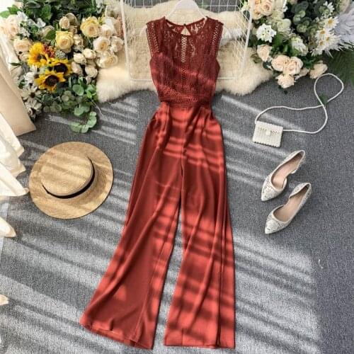 FTLZZ New Beach Full Length Sexy Lace Hollow Out O-neck Tank Jumpsuit Summer Women Slim Wide-legged Playsuit Holiday Romper