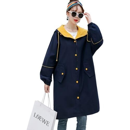 Plus size womens coat spring 2020 new loose trench coat womens western style Korean medium long Long sleeve Hooded overcoat