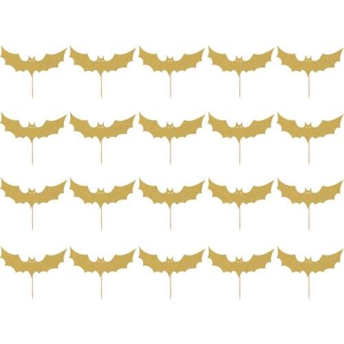 Pack of 20pcs Black Gold Silver Funny Halloween Bat Shape Festive Cake Toppers Cupcake Picks Hallowmas Party Decoration