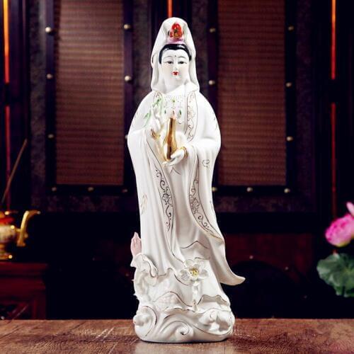 35cm White Porcelain Guanyin Avalokiteshvara Buddha Sculpture Ceramic Home Living Room Putting Decorate Ornament