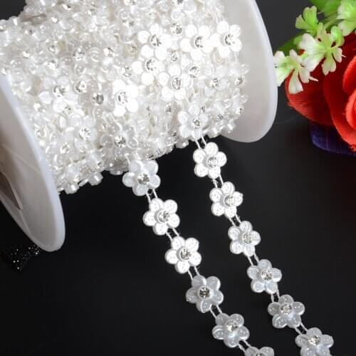 BOLIAO 1 Yard 12mm (1/2") Width ABS Plastic Imitation Pearl Chain With 5mm Round Rhinestones Wedding Bouquet Decoration R2063