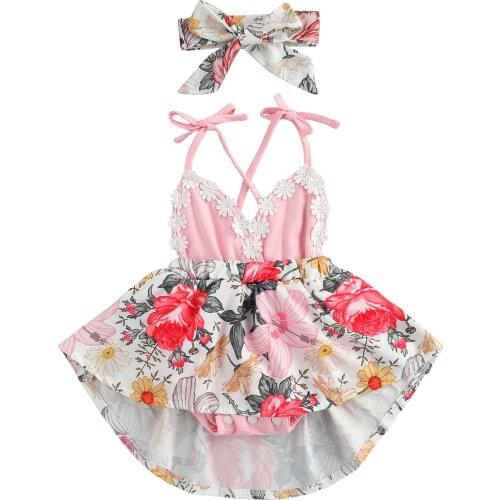 New 2Pcs Baby Summer Outfit, Floral Lace-Up V-Neck Sleeveless Backless Strappy Romper + Hairband for Toddler Girls, 0-24 Months