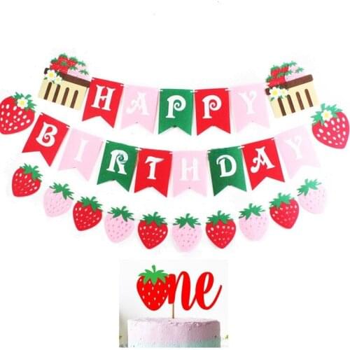 Girl Fruit Birthday Party Decorations Non Woven Strawberry Garland Pink Red Banner Happy Birthday Flag Strawberry Cake Topper