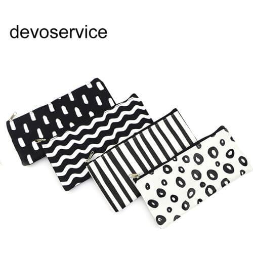 1Pcs Cute Simple Stripes Canvas Pencil Case Cosmetic Pouch Kawaii Black and White Pen Bag Stationery Office School Supplies