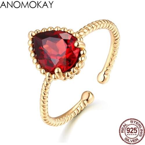 Anomokay Luxury Red Oval Crystal Women Gold Color Rings 925 Sterling Silver Free Size Rings for Wedding Jewelry Gift