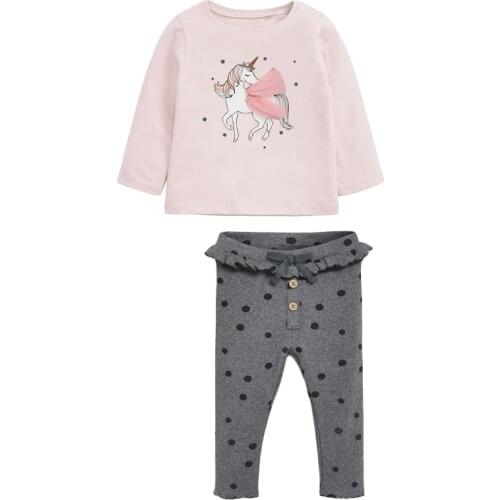 Little maven Toddler Girls Clothing Sets with Lace Unicorn Pattern Pink Round Neck Autumn Long Sleeves Point Trousers Pants Set