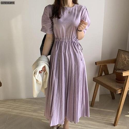Korean Chic Gentle Temperament Puff Sleeve Pleated Dress Summer Round Neck Drawstring Lace-Up Waist Design Stitching Long Dress