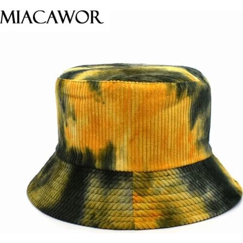 MIACAWOR New Autumn Corduroy Tie Dye Bucket Hat Reversible Panama Hat Women Harajuku Vintage Hip Hop Fisherman Hat M122