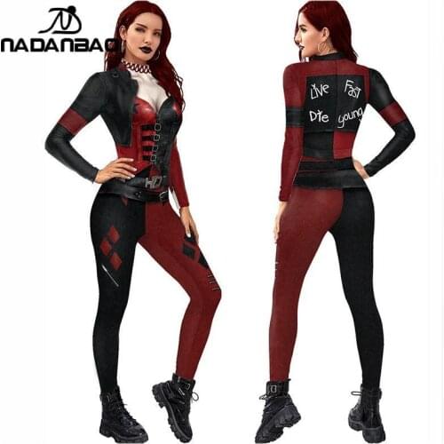NADANBAO Fashion Cosplay Costume Girl Joker 3D Printed Catsuit Long Sleeved Skinny Jumpsuits Halloween Mens COS Clothes Unisex