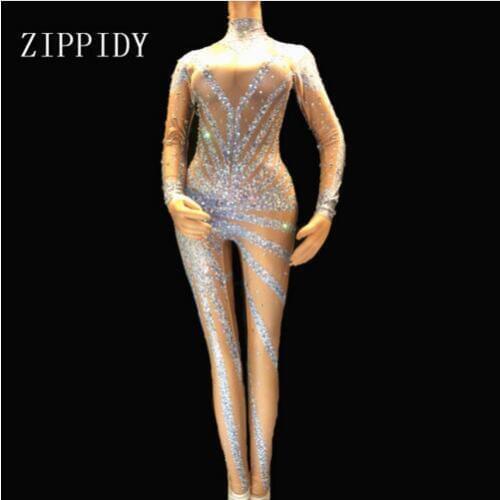 Fashion Silver Shining Rhinestones Bodysuit Women Sexy Stage Performance Wear Singer Show Costume Big Stretch Jumpsuit