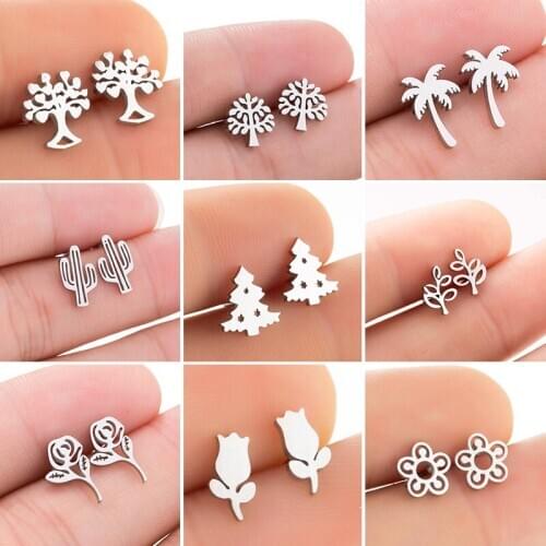 New Cactus/Tree/Rose Flower/Bloom/Leaf Earrings Creative Retro Simple Stainless Steel Plant Stud Earrings for Women Jewelry Gift