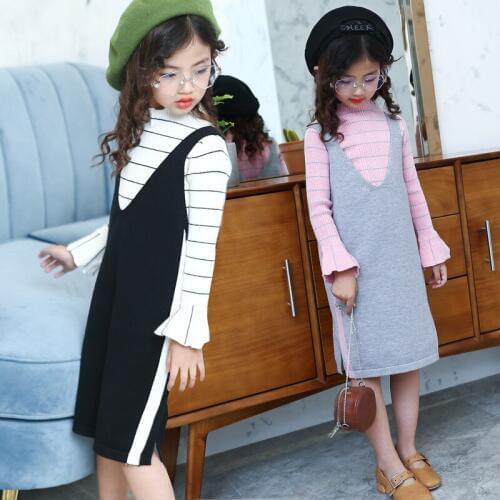 2018 Autumn New Striped Round Collar Long Sleeved Sweater Knitted Skirt Girl Sweater Skirt Two Pieces Set