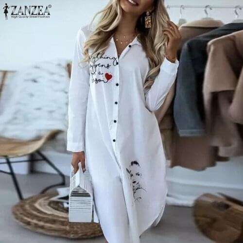 ZANZEA Fashion Printed Long Shirt Dress Women Summer Lapel Neck Long Sleeve Sundress Casual Buttons Down Work Midi Vestidos
