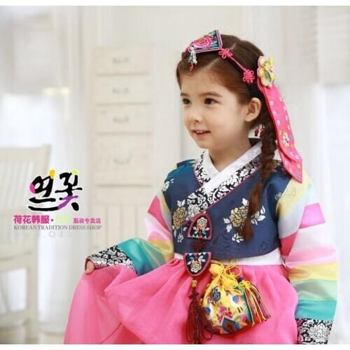 #@Children Embroidered Korean Hanbok Dress Traditional Palace Wedding Clothing Girls Princess Dress Dance Cosplay Hallowen Gift