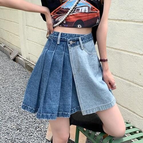 Casual Women Mini Skirt Ladies Korean Summer High Waist A-Line Asymmetrical Patchwork Denim Skirts Harajuku Lady Streetwear