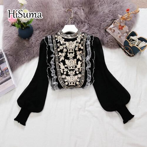 HISUMA 2021 spring new female O-neck lantern sleeve embroidery ruffles chiffon shirts women elegant blouses chic shirt