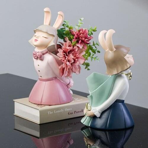 Nordic Resin Rabbit Girl Sculpture Creative Vase Modern Home Living Room Desktop Decoration Accessories Flower Arrangement Vases
