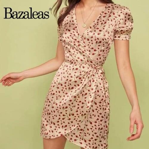 Bazaleas Vintage Small Rose Print vestidos France Cream Wrap Dress Fashion Dresses tied around Waist women Dress