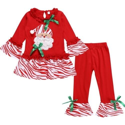 Explosion models Christmas girls suit autumn big red trumpet sleeve embroidery Santa T-shirt striped lace wide leg pants
