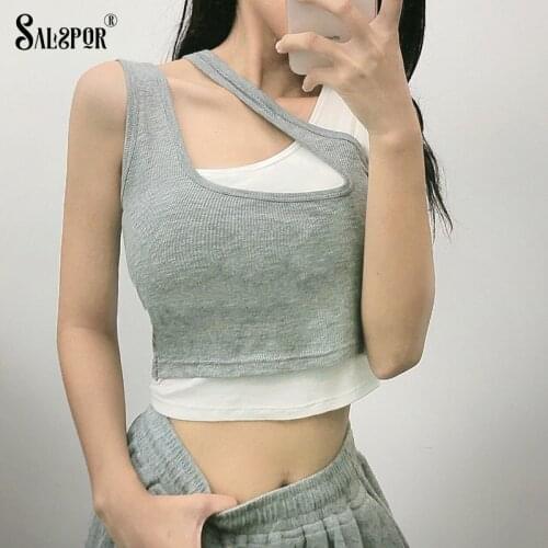 SALSPOR Women Tank Tops Patchwork Fake Two-Piece Push Up Lingerie Fashion Features Sling Female Clothes